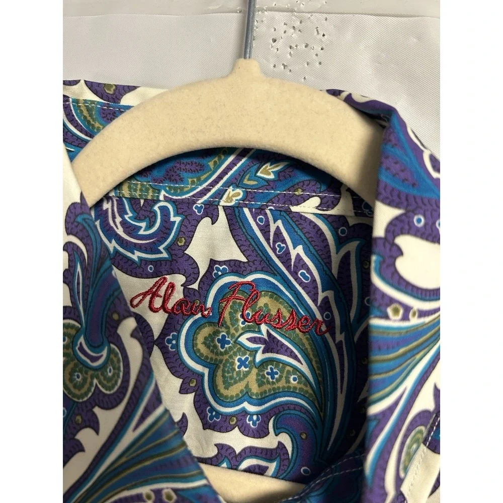 Alan Flusser Dress Shirt Men's Large Purple All Over Paisley Print Nylon Stretch